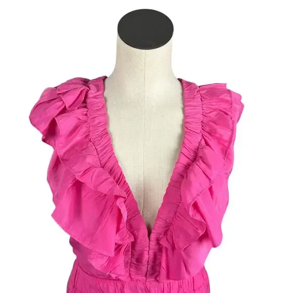 Anthropologie Do + Be Pink Red Ruffle Asymmetrical Maxi Dress L - Picture 4 of 6